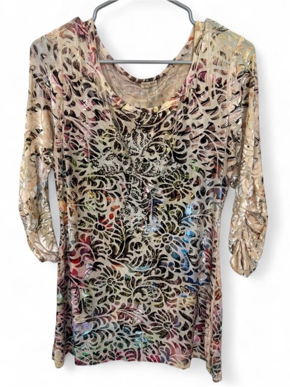 Vintage Carrie Allen Colorful Velvet Burnout Embellished Tunic Top Medium Indie